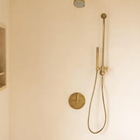 Royal Isabela Hotel Exterior photo This is a close-up, light-toned photograph featuring a section of a bathroom wall.

On the right side of the image, there is a modern, brass or gold-toned shower fixture mounted on the wall. It appears to be a vertical slide bar or riser rail, with v